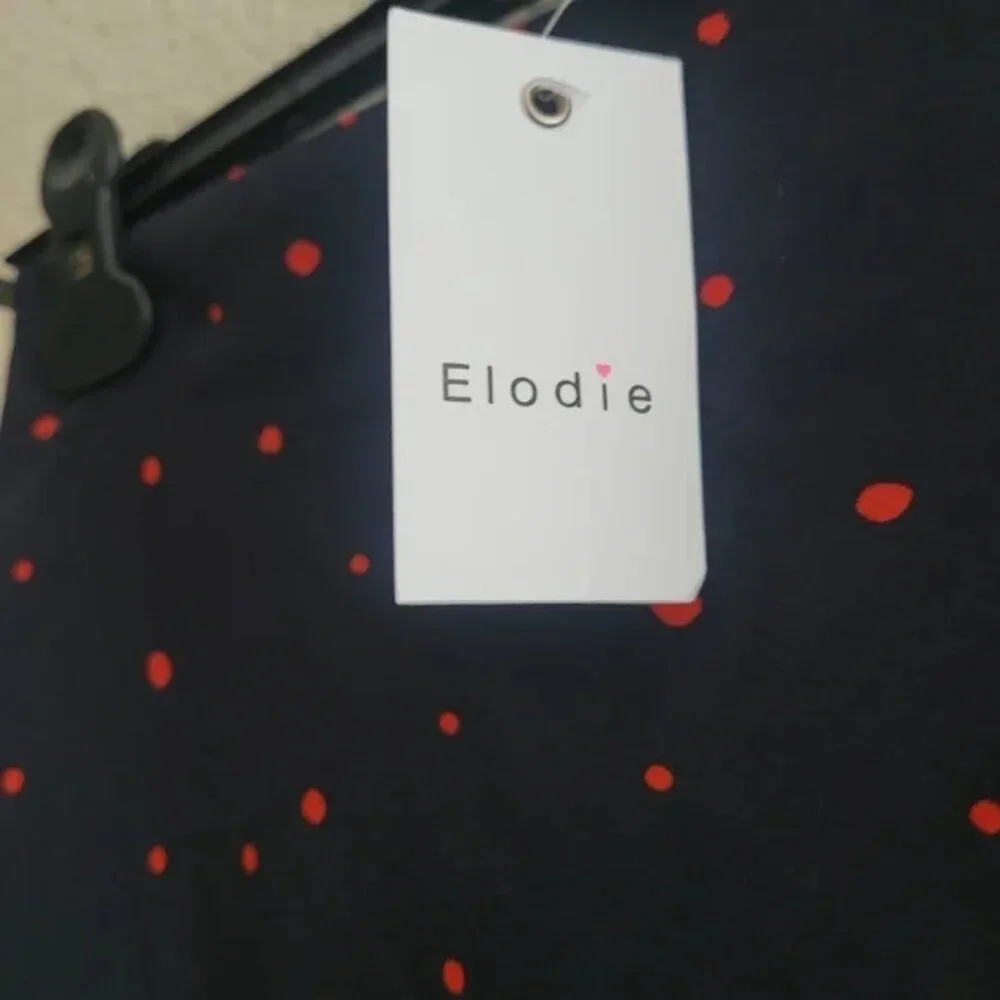 New Anthropologie Elodie Skirt A-line Midi Length Navy Blue with Red Polka Dots - Picture 6 of 8